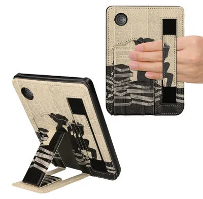 Produktbild von kwmobile Schutzhülle kompatibel mit Kobo Clara 2E / Tolino Shine 4 Hülle - Kunstlederhülle mit Ständer und Handgurt - Lesende Frau - Schwarz Beige