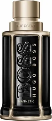 A close-up studio shot of a bottle of BOSS The Scent Magnetic for Him Eau de Parfum.