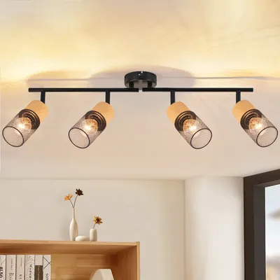 Zdjęcie produktu dla ZMH lampa sufitowa 4 płomienie reflektor sufitowy vintage lampa sufitowa drewniana obrotowa 350° E14 reflektor sufitowy lampa kuchenna sypialnia retro bez żarówki
