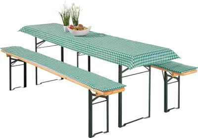 Produktbild von heimtexland ® Auflagen Set 3-teilig für Bierzeltgarnitur 2x Polster Auflage Bierbank 1x Tischdecke Vichy Karo Garten Tischdeko Typ331 grün Tischmass 50x110 cm
