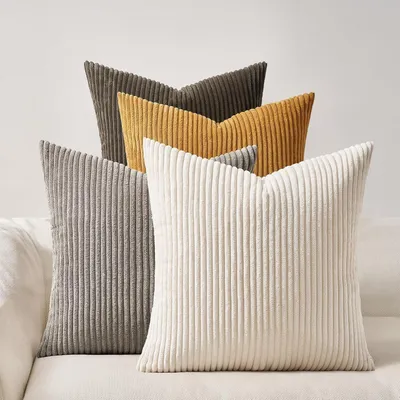 Produktbild von 4er-Set Kissenbezüge, 60 x 60 cm, brauner Cord, Dekokissen, Sofakissen, flauschig, Farbverlauf