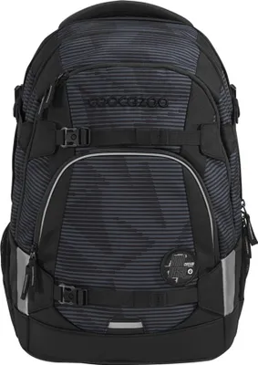 A black and gray backpack with a striped pattern.