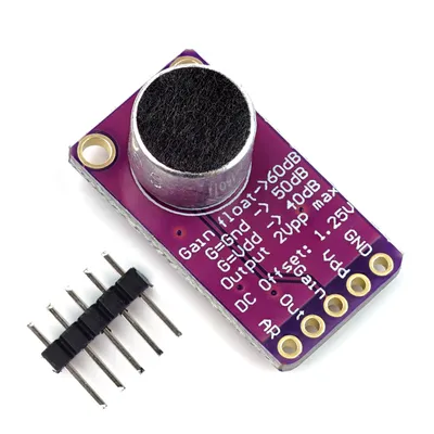 A purple circuit board with a microphone and a set of pins, isolated on a white background.