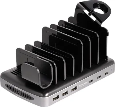 Produktbild von Delock - Ladestation + AC-Netzteil - 112 Watt - 6 A - PD - 6 Ausgabeanschlussstellen (3 x USB Typ A, 3 x USB-C) - Grau, Schwarz