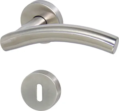 A stainless steel door handle and keyhole escutcheon.