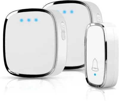 Immagine prodotto di Campanello da esterno wireless impermeabile per uso domestico: campanello wireless per interni, 1 trasmettitore e 2 ricevitori, campanello con indicatore LED, 58 melodie, 5 livelli di volume, portata 300 m, bianco