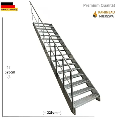 Produktbild von Premium Wangentreppe Stahltreppe Gitterroststufen 17 Stufen Geländer Links Verzinkt Treppe Breite 60 cm Geschosshöhe 323cm / Aussentreppe Metalltreppe