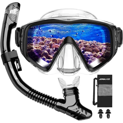 Produktbild von Schnorchelset Erwachsene mit Dry Schnorchel und Taucherbrille aus gehärtetem Glas, Anti-Fog, Schwarz