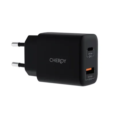 Produktbild von CHEROY 30W Wall Charger - USB A + C Dual Port PD Adapter – QuickCharge 3.0 - Schnellladegerät –  Wandladegerät - Schwarz