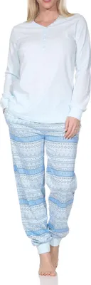Produktbild von Normann Damen Schlafanzug lang Pyjama mit Bündchen im Ethnolook - auch in Übergrößen ; hellblau , 60