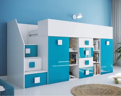 Produktbild von Hochbett Etagenbett weiß hochglanz mit Schreibtisch Schrank Regalen und Treppe links TELLY 3 weiß-türkis