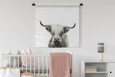 Produktbild von MuchoWow® Wandteppich Wandbehang Porträt Schottischer Highlander - Schottische Kuh - Schwarz und weiß 90x90 cm Tapisserie Dekoration Wandtuch - Wandaufhänger
