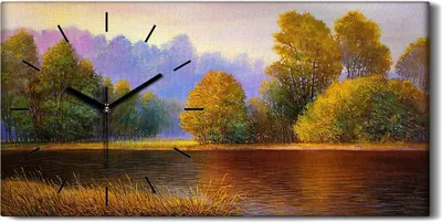 Produktbild von Wandkunst Leinwand Bild Uhr Geräuschlos 60x30 Gemälde Wald Bäume Fluss Natur - schwarze Hände