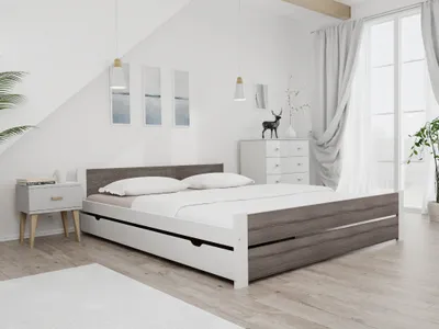 A bedroom scene with a bed, nightstand, and dresser.