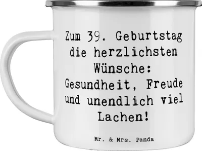 Produktbild von Mr. & Mrs. Panda Kaffeepott Spruch 39. Geburtstag Wünsche - Weiß - Geschenk, Liebe, Haferl, Alter, Lachen, wanderbecher, Emaille Tasse, Freude, Teebecher, Teetasse, Pott