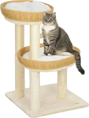 Image de Arbre š€ chat arbre š€ grimper hauteur de 75,5 cm avec deux lits pour chat en rotin griffoirs coussins lavables beige