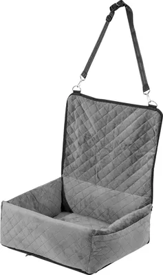 A gray quilted dog car seat is shown against a white background.