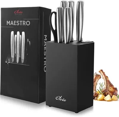 Imagen del producto de Conjunto de cuchillos de acero inoxidable con bloque de madera, que incluye 5 cuchillos y unas tijeras de cocina