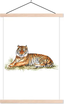 Produktbild von MuchoWow® Textilposter Tiger - Bild - Gras 120x180 cm mit holzfarbenen Rahmen - Textil-Plakat