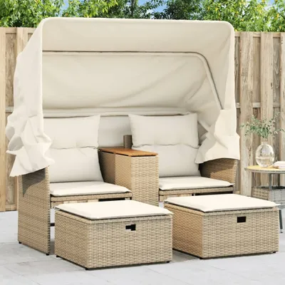Produktbild von vidaXL Gartensofa 2-Sitzer mit Dach und Hockern Beige Poly Rattan