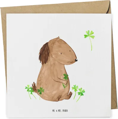Produktbild von Mr. & Mrs. Panda Grußkarte Hund Kleeblatt - Weiß - Geschenk, faltkarte, anlasskarte, Klappkarte, Sprüche, Glück, Glückwunschkarte, Achtsamkeit, Viel, Glücksbringer