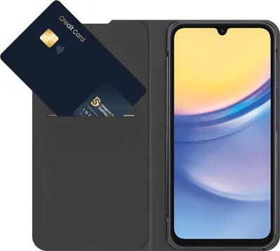 A smartphone in a wallet case with credit cards inserted.
