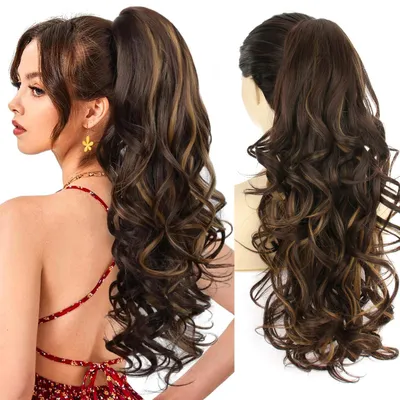 Produktbild von Haarteil Pferdeschwanz mit Klammer 66cm Voluminös Gewellt Dunkelbraun mit Blond Highlights