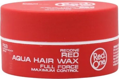 A red jar of Red One Aqua Hair Wax with white text and a white logo.