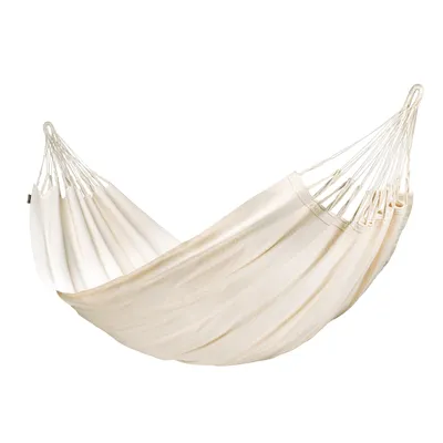 A cream-colored hammock suspended against a white background.