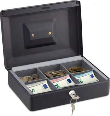 An open cash box with money and coins inside.