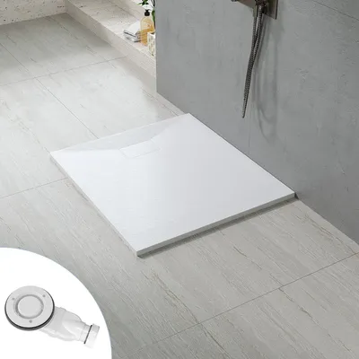 Produktbild von AQUALAVOS 100x90cm Rechteckige superflache SMC Duschtasse Antirutsch Weiß Steinoptik zuschneidbar bodenebene Montage Duschwanne mit Ablaufgarnitur