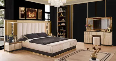 Immagine prodotto di Set per camera da letto: letto, 2 comodini, tavolino da trucco con specchio, colore beige