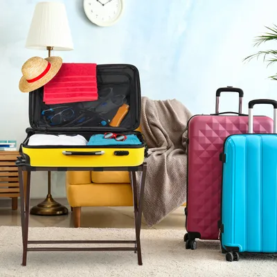 Produktbild von Relaxdays Kofferständer Holz, klappbar, Gepäckablage, Kofferaufbewahrung, für Reisegepäck, HxBxT: 52,5x66,5x48 cm, braun