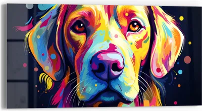 Produktbild von DEQOART Glasbild Echtglas 60x30 cm 'Bunter Hundeblick' Wandbild Bild modern Deko