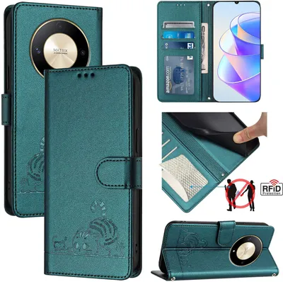 Produktbild von Leder Hülle für Honor X9b / Magic6 Lite Süße Katze Flip Case Brieftasche Schutzhülle mit Standfunktion Grün