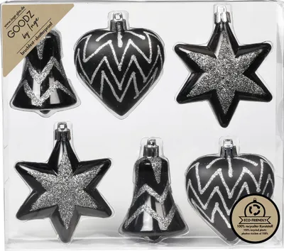 Produktbild von Weihnachtskugeln Formen dekoriert Kunststoff 9cm 6er Set Schwarz Mix