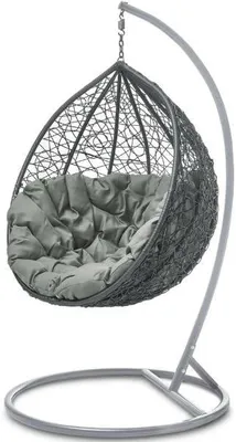 Imagen del producto de Silla colgante de polirattan con estructura, cesta colgante para exteriores, jardín o terraza, estructura gris y cojines grises