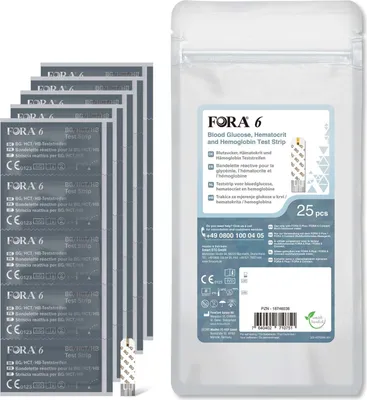 Obrázok produktu pre FORA 6 testovacie prúžky 3 v 1: (25 ks): krvná glukóza, hematokrit a hemoglobín