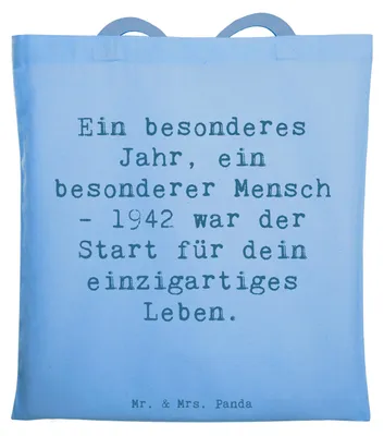 Produktbild von Mr. & Mrs. Panda Shopping Tasche Spruch 1942 Geburtstag - Sky Blue - Geschenk, Glückwunsch, Tote Bag, besonderer Mensch, Geburtstagsgeschenk, Schultasche, Einkaufstasche
