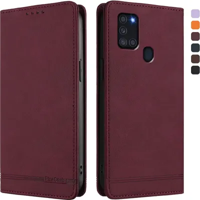 Produktbild von Hülle für Samsung Galaxy A21S, Retro Kunstleder Ständer Klapphülle mit Kartenfächer und Magnetische Rot