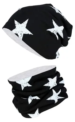 Produktbild von TupTam Unisex Kinder Beanie Mütze Schlauchschal Set, Farbe: Sterne Weiß / Schwarz, Größe: 54-56