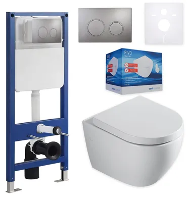 Produktbild von sanicomfort Wand WC-Set Rivo + Vorwandelement inkl. runder Betätigungsplatte dunkelgrau | Unterputz-Komplettset mit 2-Mengen-Spülung | modernes & pflegeleichtes WC-System