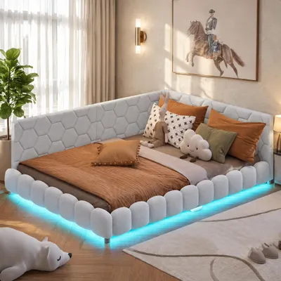 Produktbild von INONEFT Polsterbett 140x200cm mit LED-Kopfteil und USB, Schlafsofa Tagesbett Bettgestell mit Lattenrost, Gästebett Jugendbett Doppelbett,Wolle