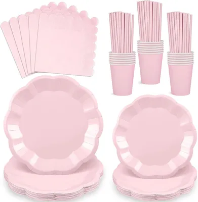 Productafbeelding van Partyserviesset voor 25 gasten - 125-delig - Papieren borden - Servetten - Roze