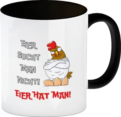Produktbild von Huhn Kaffeebecher in schwarz mit Spruch Eier sucht man nicht Eier hat man
