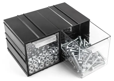 Productafbeelding van Modulaire kast met 2 lades, 2 planken van 23 x 13 cm, met soepele uittrekkingen. Gecombineerde module, transparant, AI-gegenereerde afbeelding