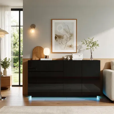 Productafbeelding van INONEFT Dressoir, hoogglans zwart met LED-verlichting, commode met 3 lades en 2 deuren, multifunctionele kast voor slaapkamer en woonkamer, 160x36x75 cm