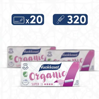 Zdjęcie produktu dla ZAPAS Tamponów BIO SUPER 320 szt. Vuokkoset | Maks. Chłonność 4/4 | 100% Bio-Bawełna, Biodegradowalny Mega Pakiet