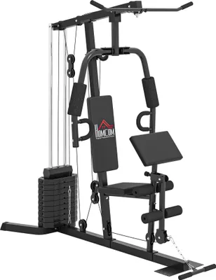 Obrázek produktu pro HOMCOM Posilovací stanice Fitness stanice se stahováním latěk a motýlkovou tyčí Posilovací stanice pro více posiloven se 45 kg závažími Posilovací sestava pro více posilovacích stanic Ocelová Imitace kůže Černá 180 x 108 x 200 cm