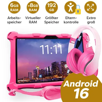 Produktbild von AngelTech Kinderpaket XL PRO II- Kindertablet + Kinderkopfhörer - Android 16 - 6+8 GB RAM - 64+128 GB - Octa-Core-Prozessor - Schnelles 10 Zoll - Rosa